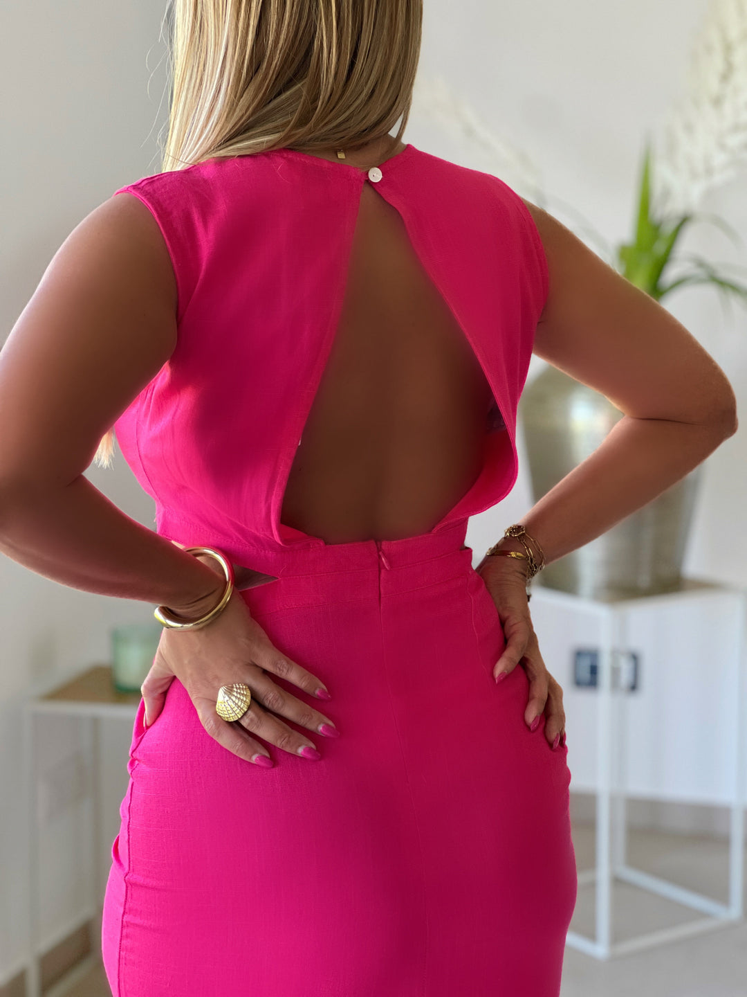 Saria – Cutout Slit Fuchsia Midi Dress for Women