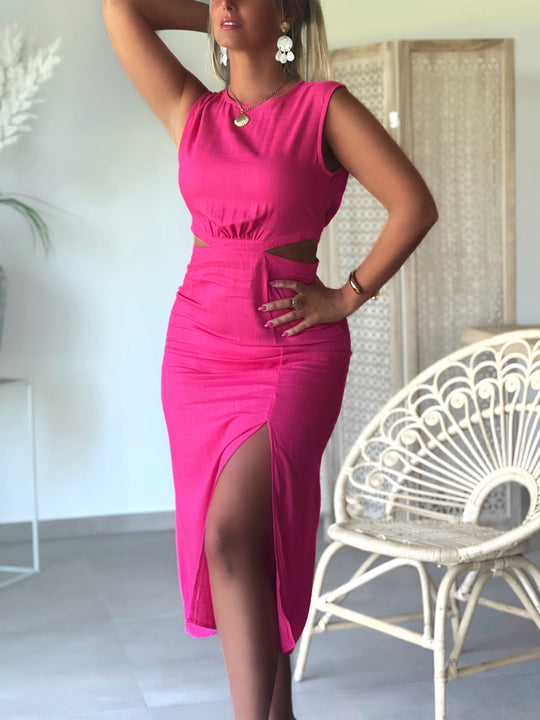 Saria – Cutout Slit Fuchsia Midi Dress for Women