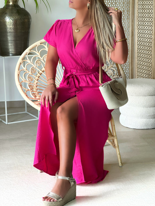 Edris – Satin Wrap-Front Maxi Fuchsia Dress for Women