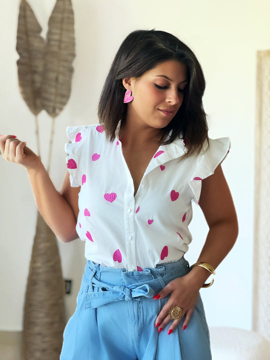Lovira – Ruffle-Sleeve Heart Print Blouse for Women