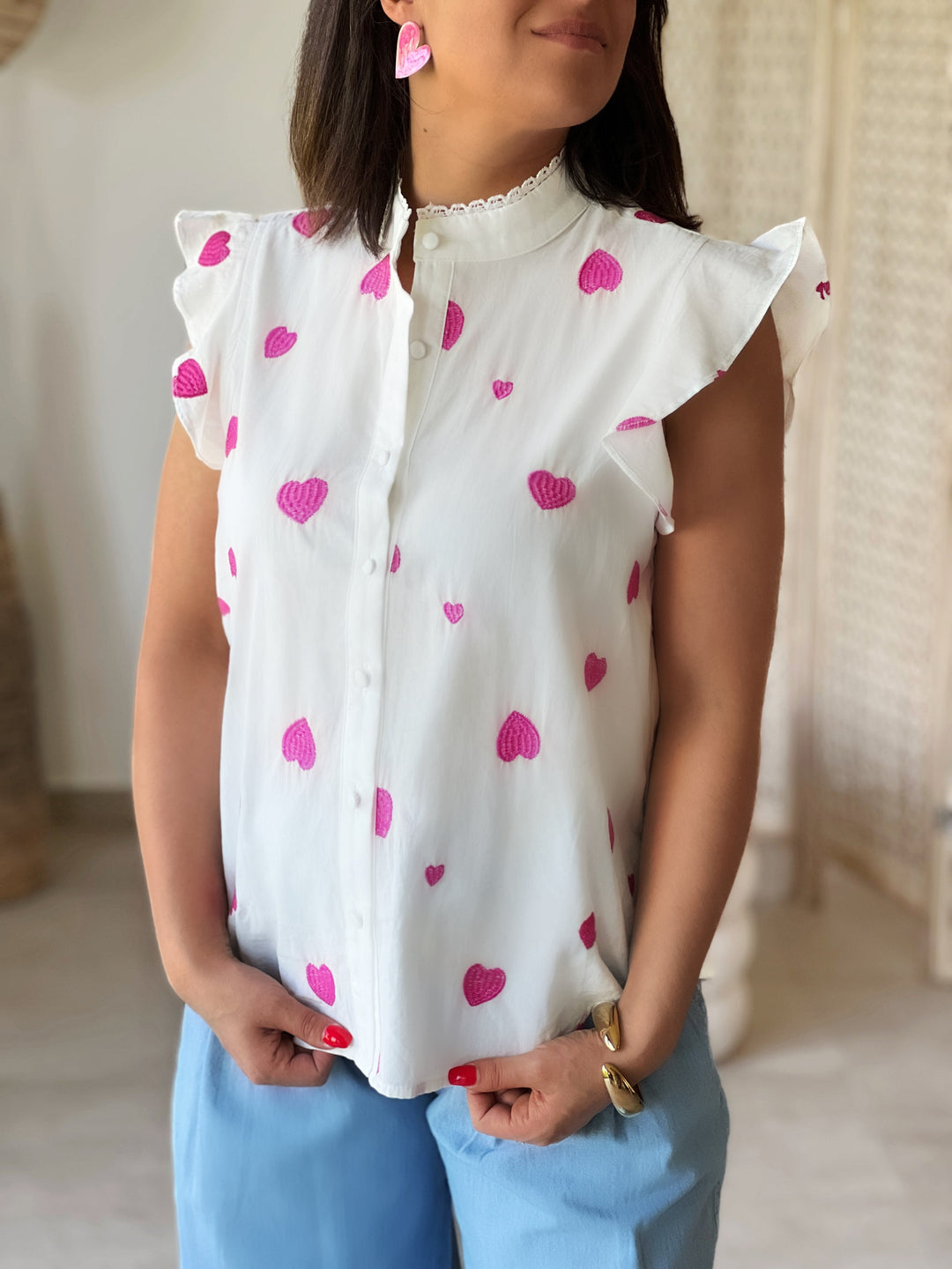 Lovira – Ruffle-Sleeve Heart Print Blouse for Women