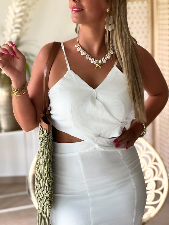 Alveria – White Cut-Out Maxi Skirt Set for Women