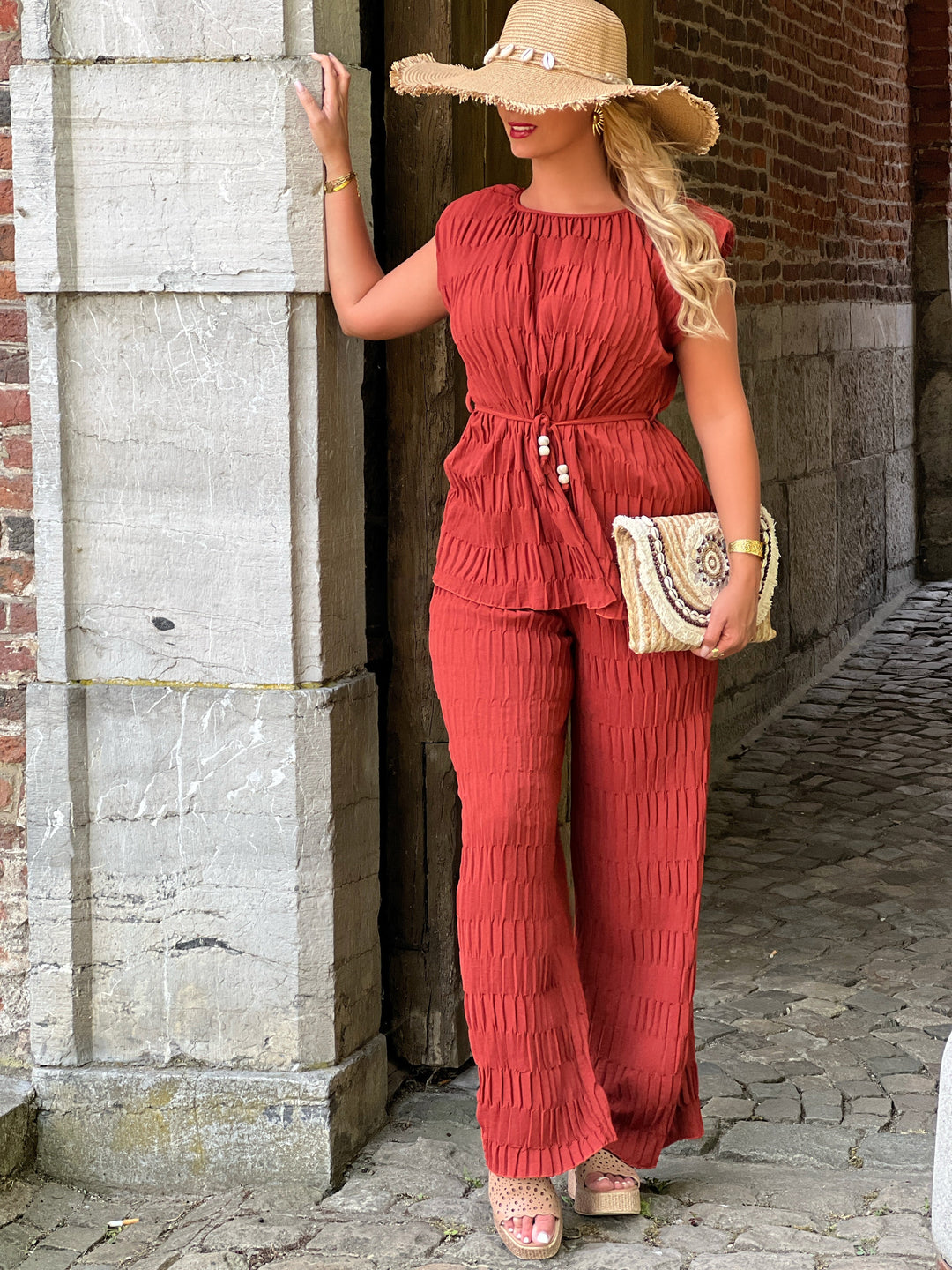 Seren – Pleated Belted Blouse Brick for Women