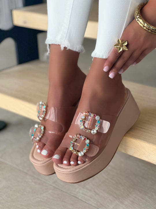 Elaniva – Nude Crystal Buckle Clear Strap Platform Sandals for Women