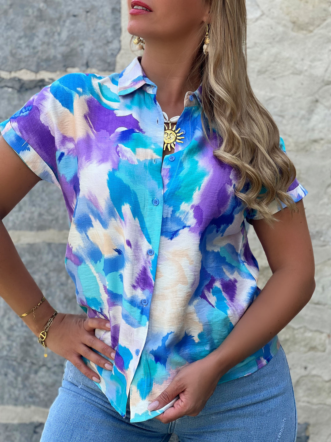 Eluned – Watercolor Tie-Front Shirt Blue for Women