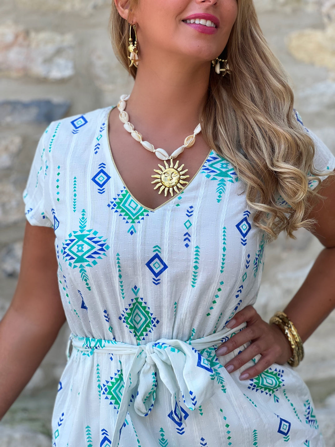 Ellis – Printed Tie-Waist Day Dress Green for Women