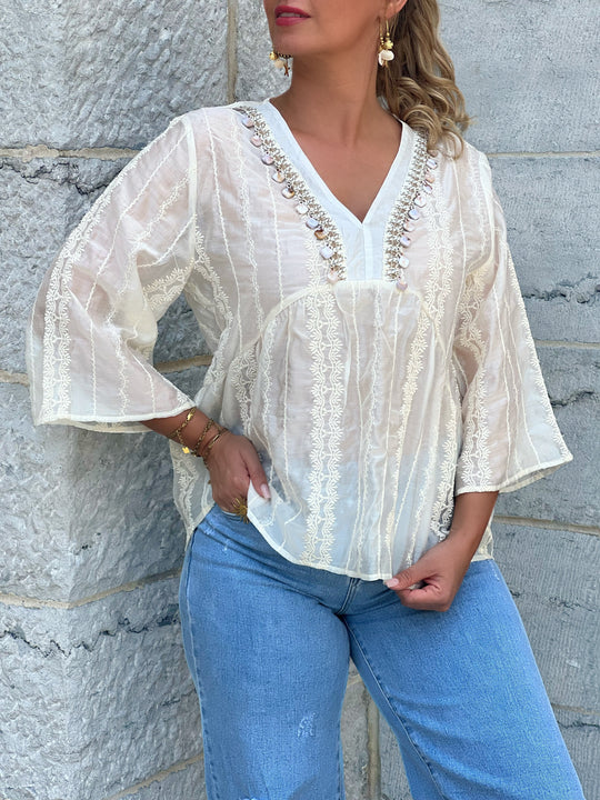 Donna – Sheer Embellished V-Neck Blouse for Women