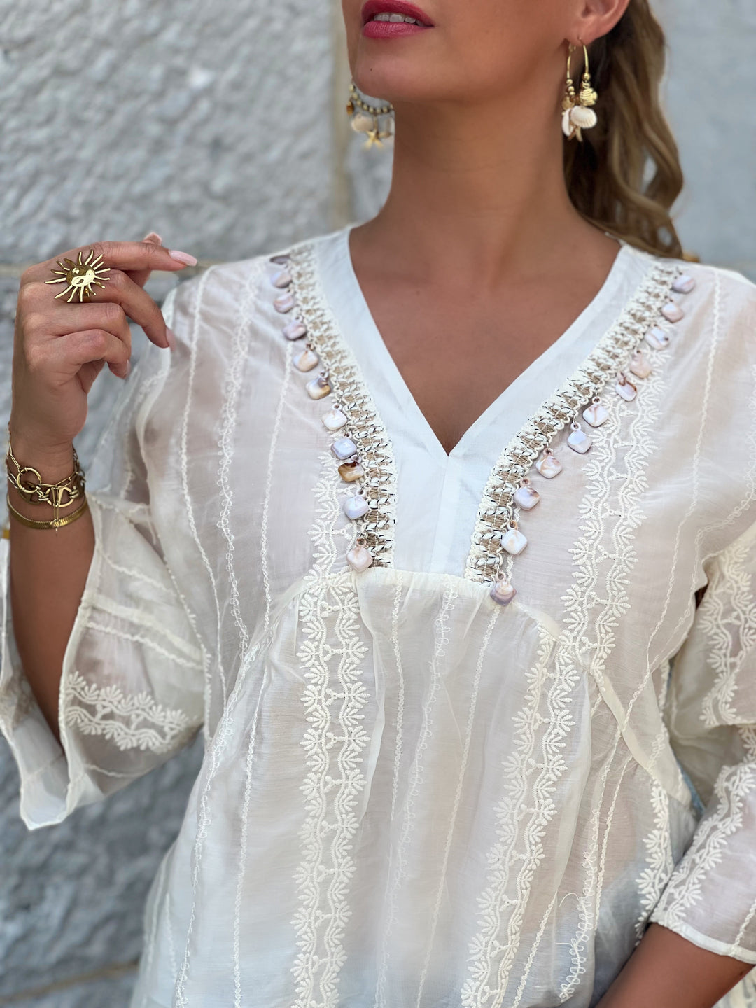 Donna – Sheer Embellished V-Neck Blouse for Women
