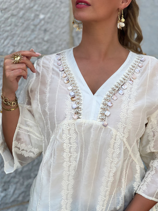 Donna – Sheer Embellished V-Neck Blouse for Women