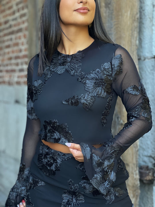 Maelis  – Sheer Floral Mesh Top Black for Women