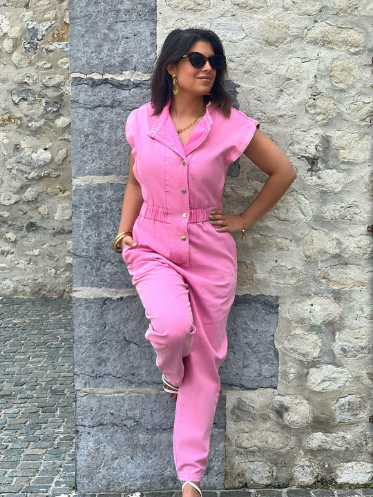 Elen – Button-Front Utility Pink Jumpsuit for Women