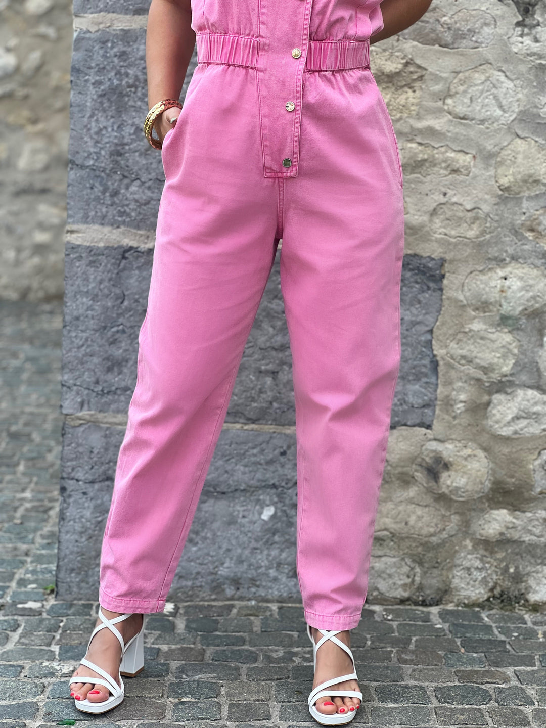 Elen – Button-Front Utility Pink Jumpsuit for Women