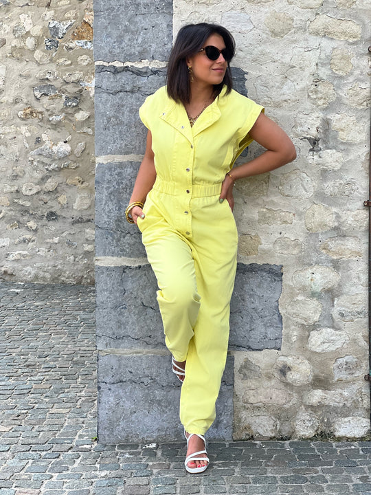 Elen – Button-Front Utility Yellow Jumpsuit for Women