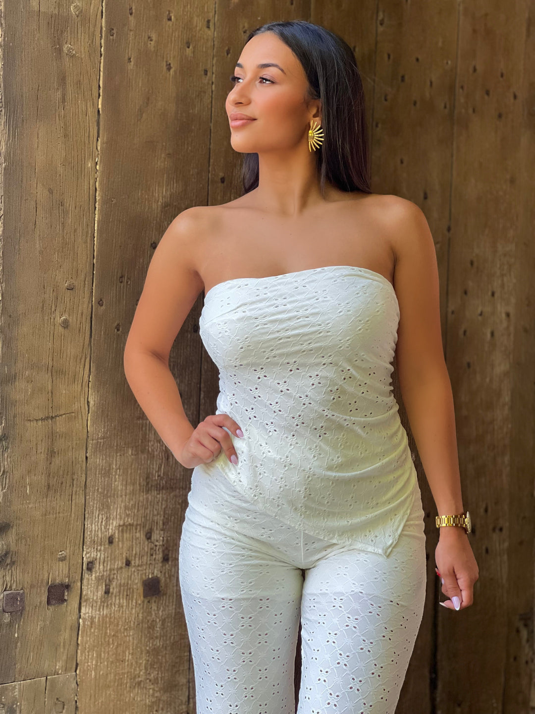 Caela – White Strapless Textured Jumpsuit for Women
