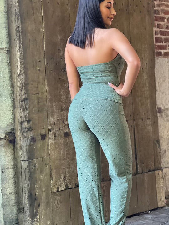 Caela – Khaki Strapless Textured Jumpsuit for Women