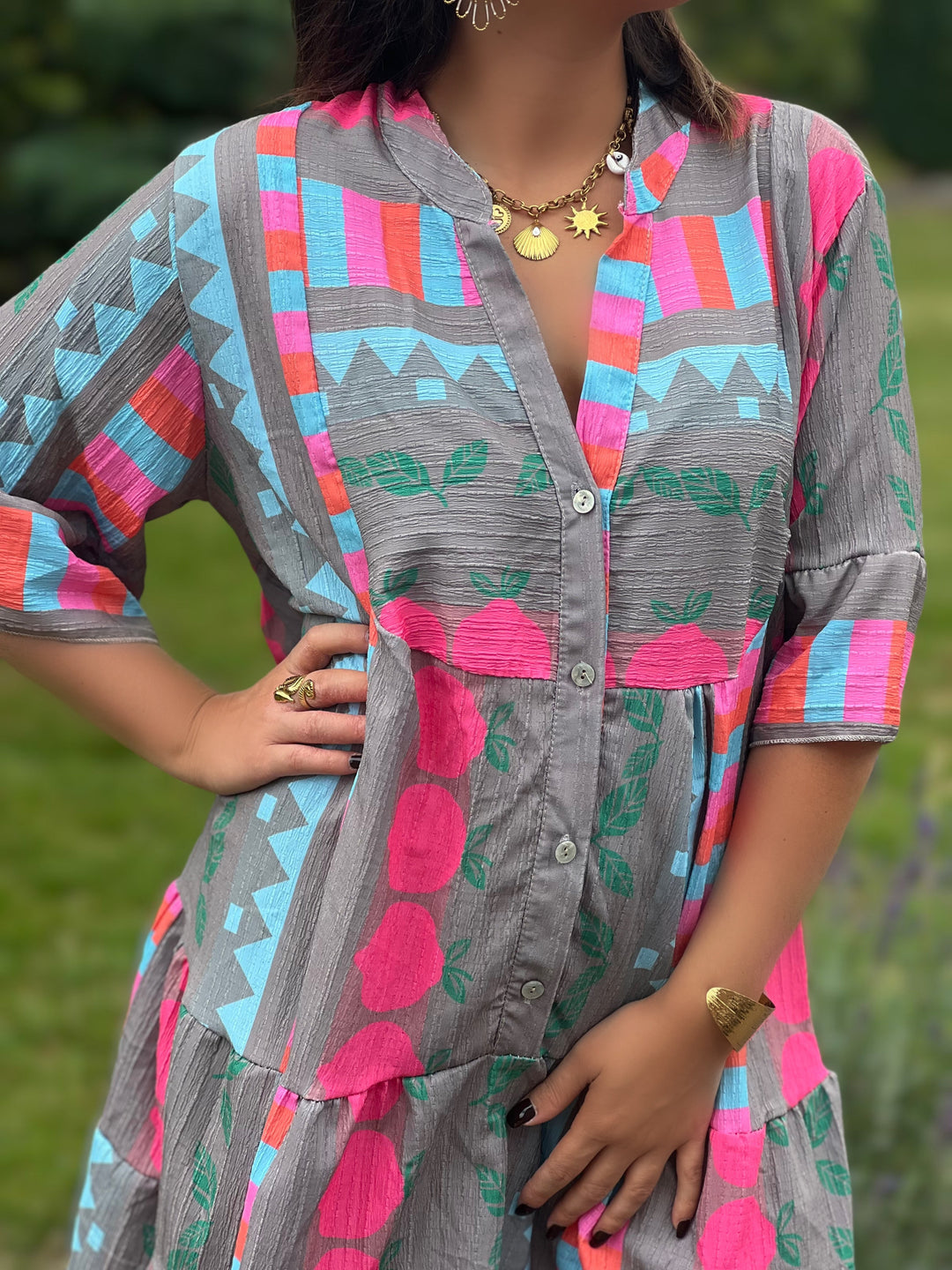 Tahlia – Boho Patchwork Tunic Dress Taupe for Women