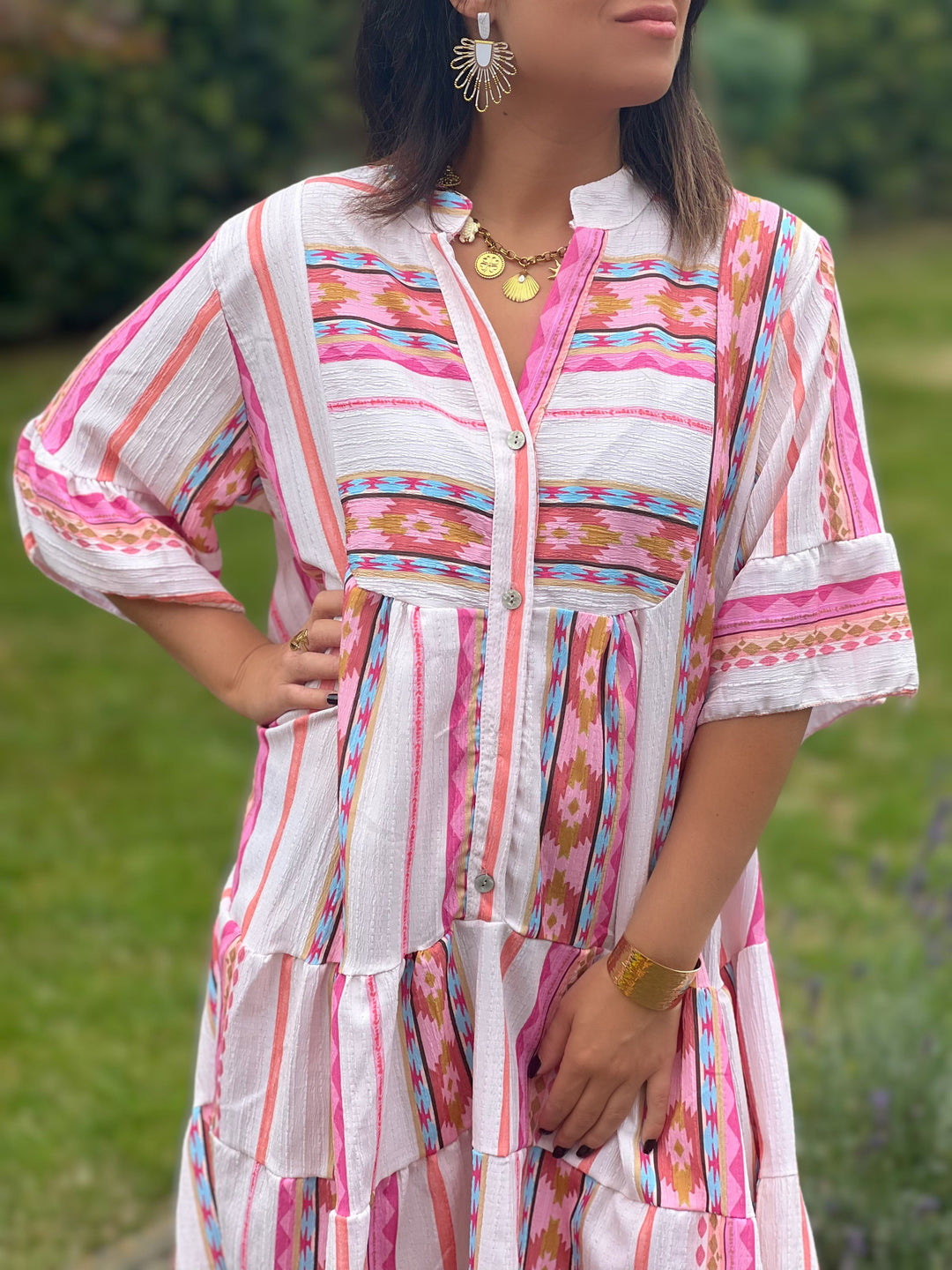 Tahlia – Boho Patchwork Tunic Dress Cream for Women