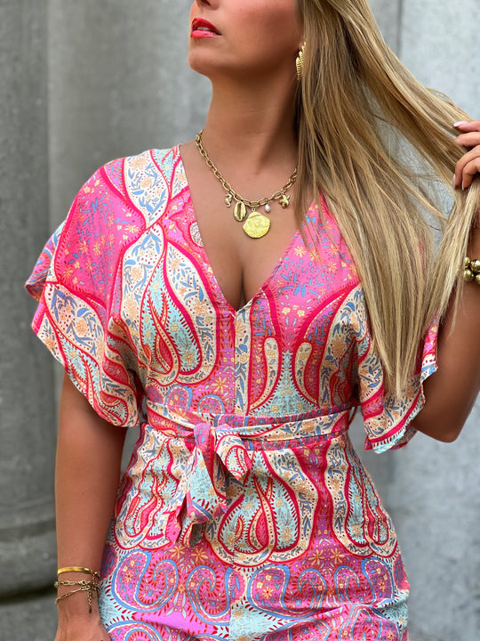 Ffion – Pink Printed Flutter Sleeve Jumpsuit for Women