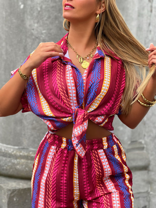 Sorella – Tie-Front Printed Blouse Bordeaux for Women