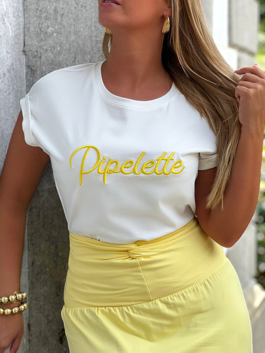 Colette – Yellow Embroidered Statement Tee for Women