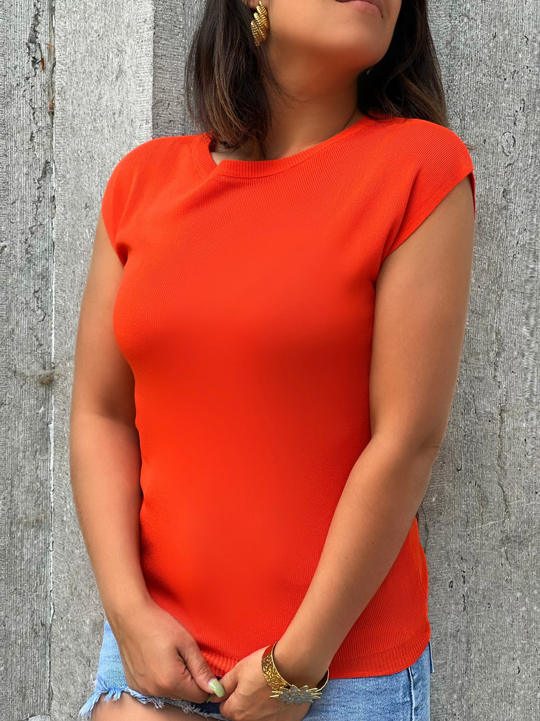 Vela – Ribbed Cap Sleeve Knit Top Orange for Women