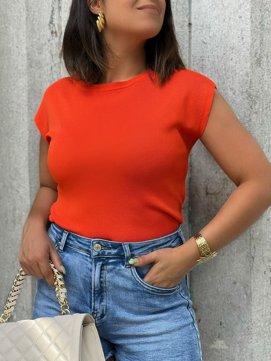 Vela – Ribbed Cap Sleeve Knit Top Orange for Women