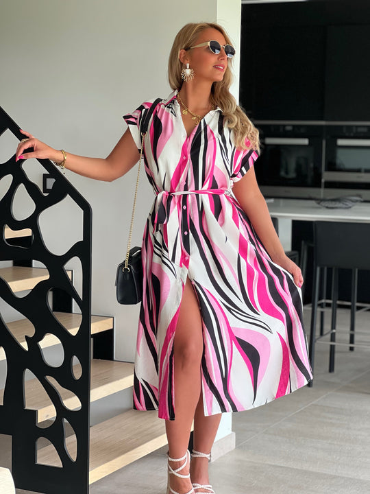 Virellia – Belted Wave-Print Midi Dress for Women
