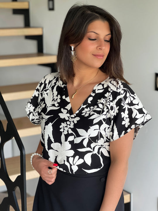 Adebisi – Monochrome Floral Wrap Blouse for Women