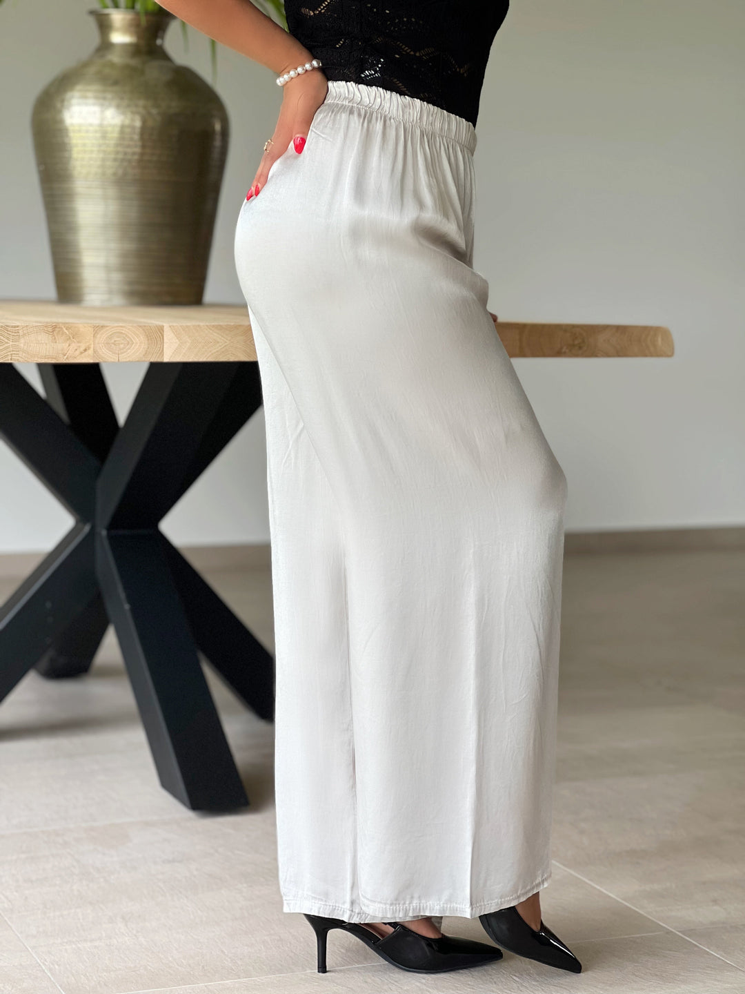Elenara – Flowy High-Waist Palazzo Beige Pants for Women