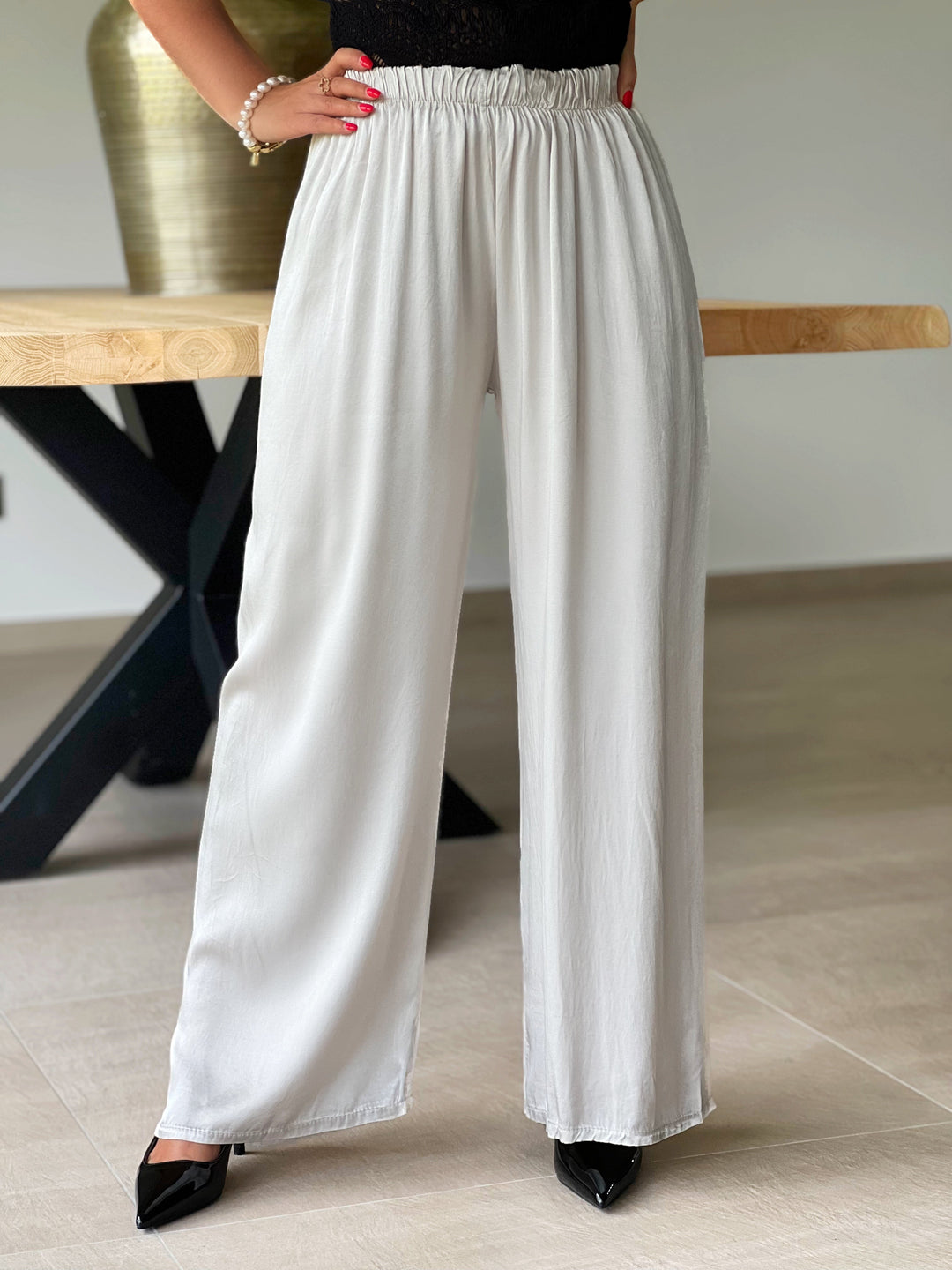 Elenara – Flowy High-Waist Palazzo Beige Pants for Women