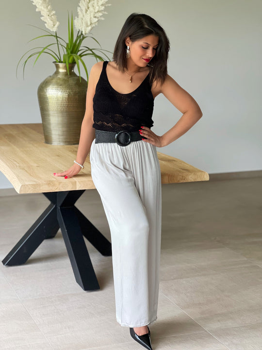 Elenara – Flowy High-Waist Palazzo Beige Pants for Women