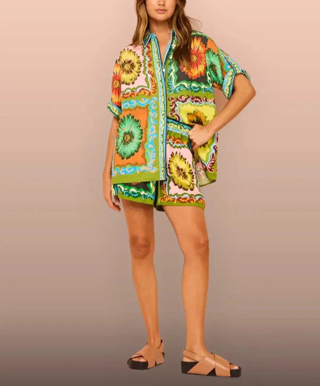 Solriva – Bold Print Button-Up & Shorts Set for Women