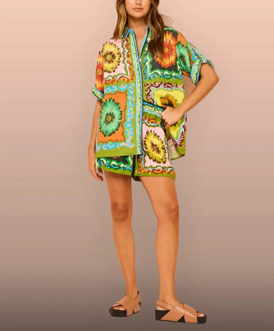 Solriva – Bold Print Button-Up & Shorts Set for Women