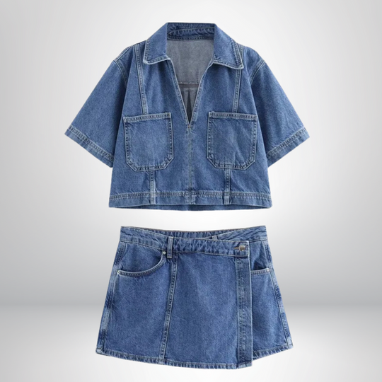 Albina – Two-Piece Collared Denim Top & Skirt Set for Women