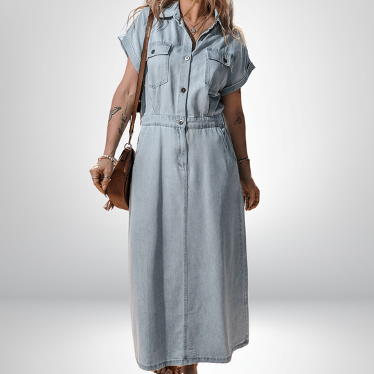 Elisyn – Soft Denim Drawstring Midi Shirt Dress for Women