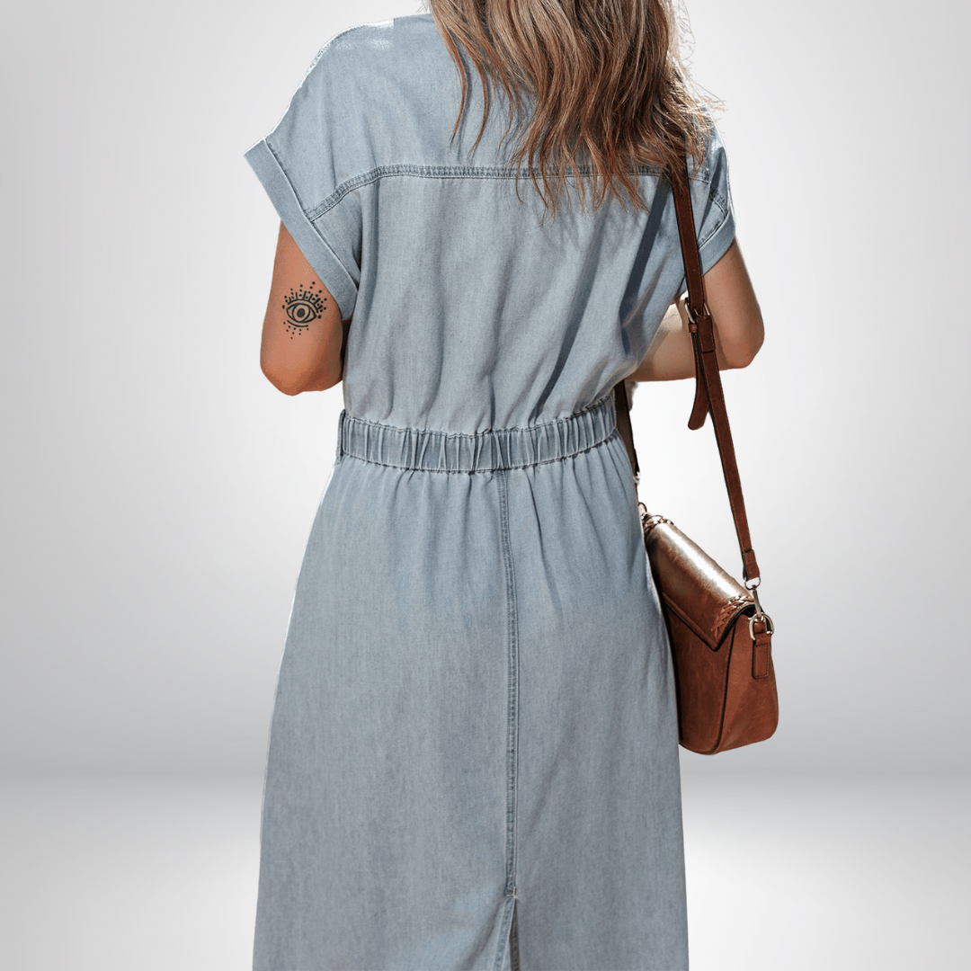 Elisyn – Soft Denim Drawstring Midi Shirt Dress for Women