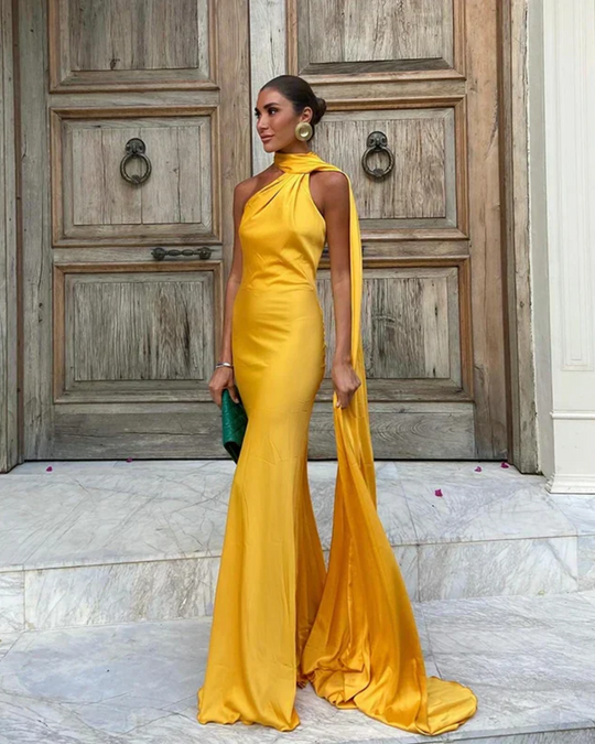 Solmira – One-Shoulder Scarf-Train Satin Gown for Women