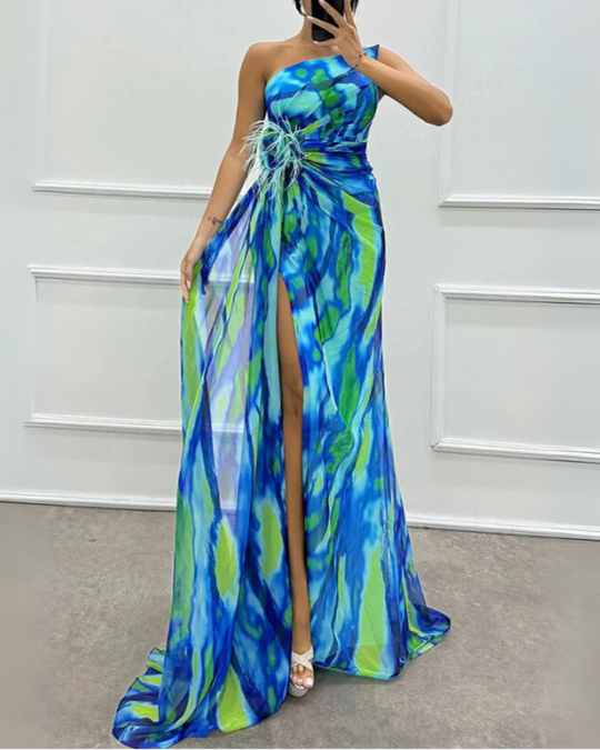 Maravelle – Strapless Abstract Chiffon Gown for Women
