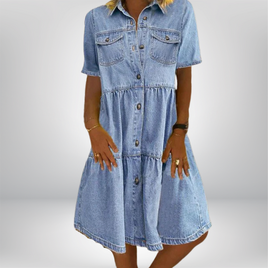 Melvaya – Tiered Button-Down Denim Dress for Women
