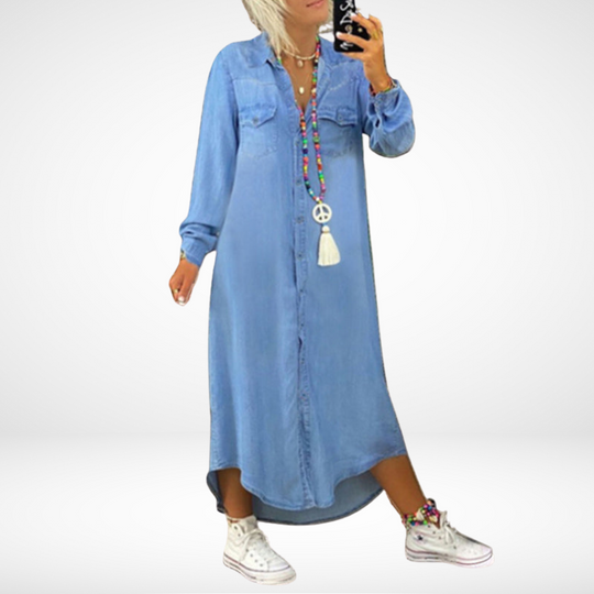 Lunessy – Relaxed Button-Front Denim Shirt Dress for Women