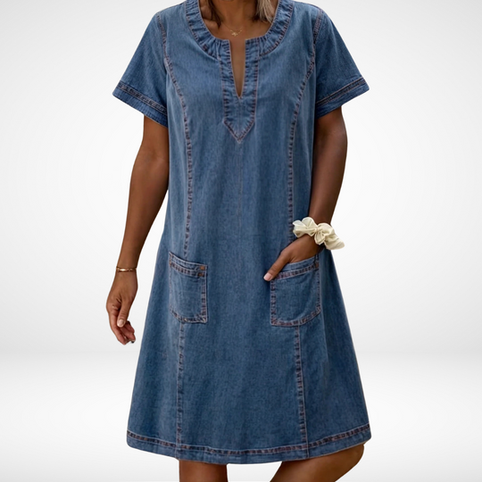 Averra – V-Neck Pocketed Denim Shift Dress for Women