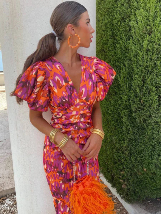 Zyraelle – Printed Puff-Sleeve Midi Dress for Women