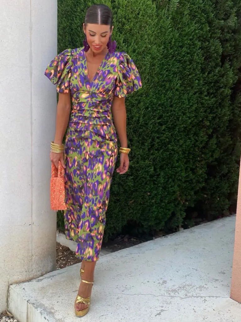 Zyraelle – Printed Puff-Sleeve Midi Dress for Women