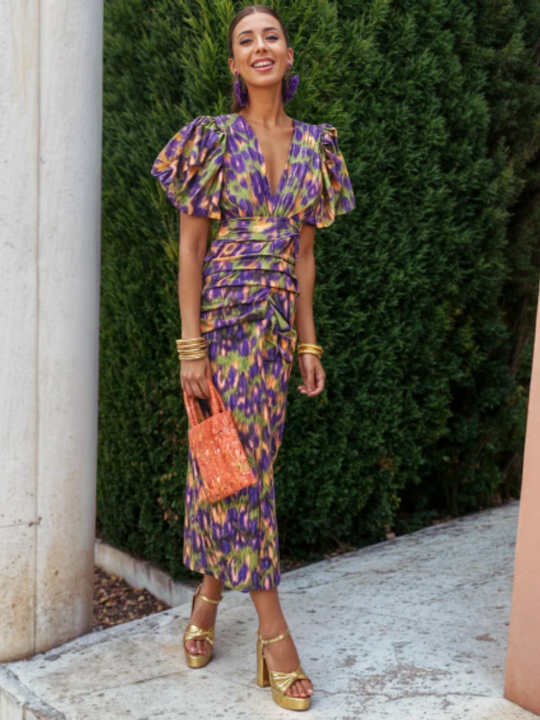 Zyraelle – Printed Puff-Sleeve Midi Dress for Women