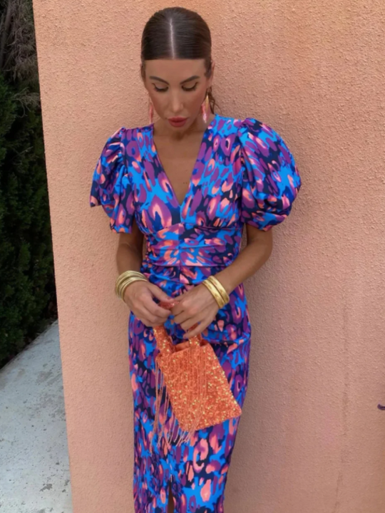 Zyraelle – Printed Puff-Sleeve Midi Dress for Women