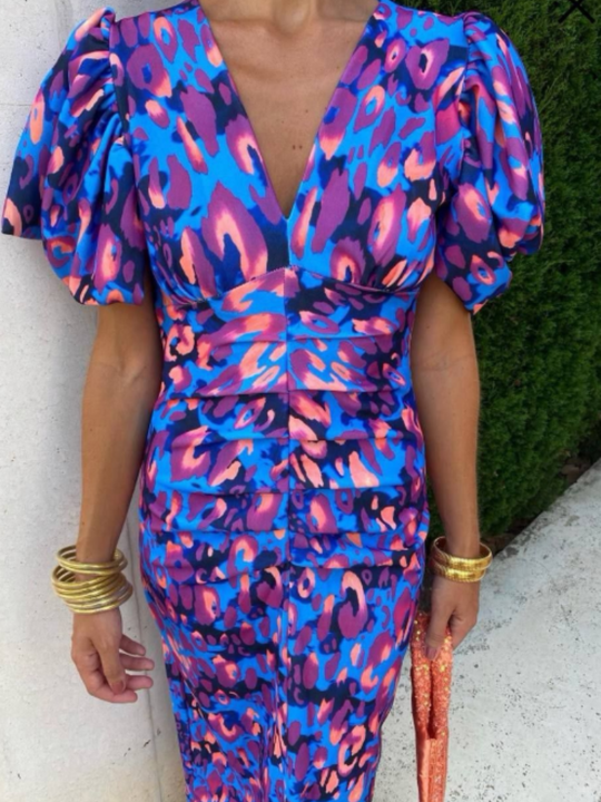 Zyraelle – Printed Puff-Sleeve Midi Dress for Women