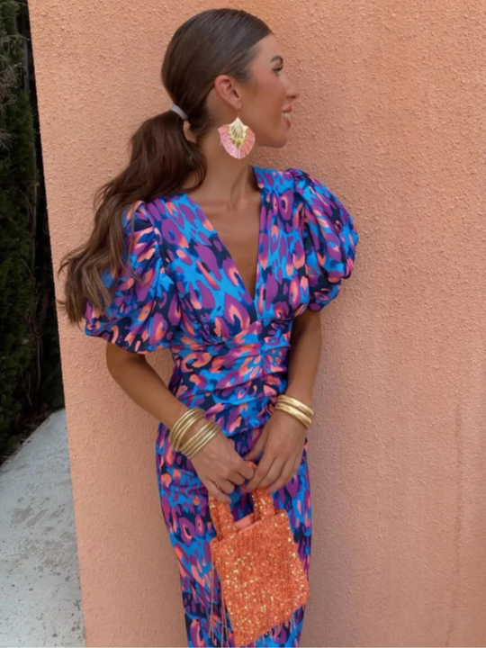 Zyraelle – Printed Puff-Sleeve Midi Dress for Women