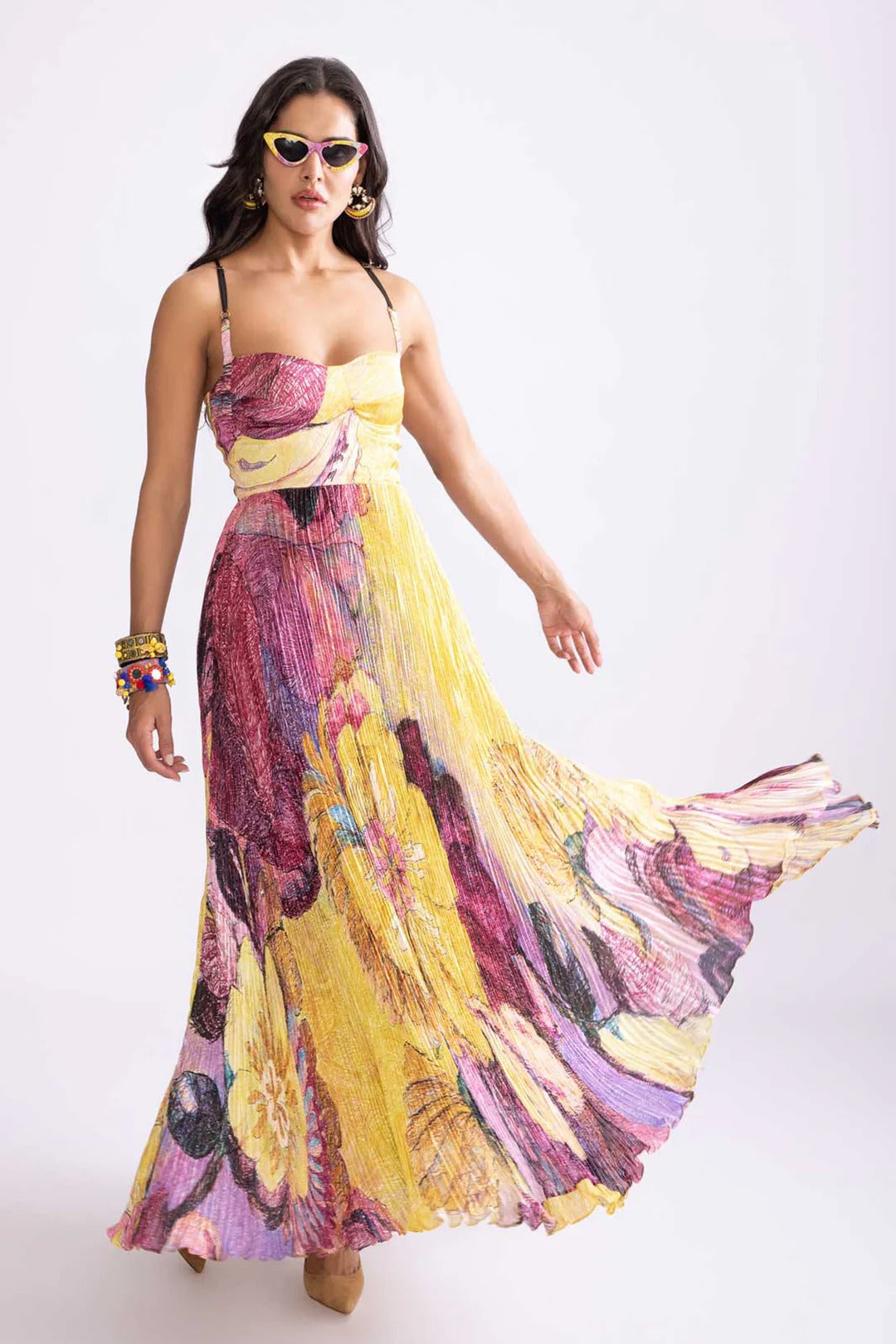 Aleana – Multicolor Pleated Boho Maxi Dress for Women