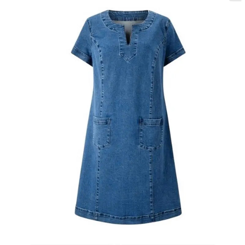 Averra – V-Neck Pocketed Denim Shift Dress for Women
