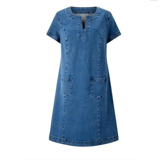 Averra – V-Neck Pocketed Denim Shift Dress for Women